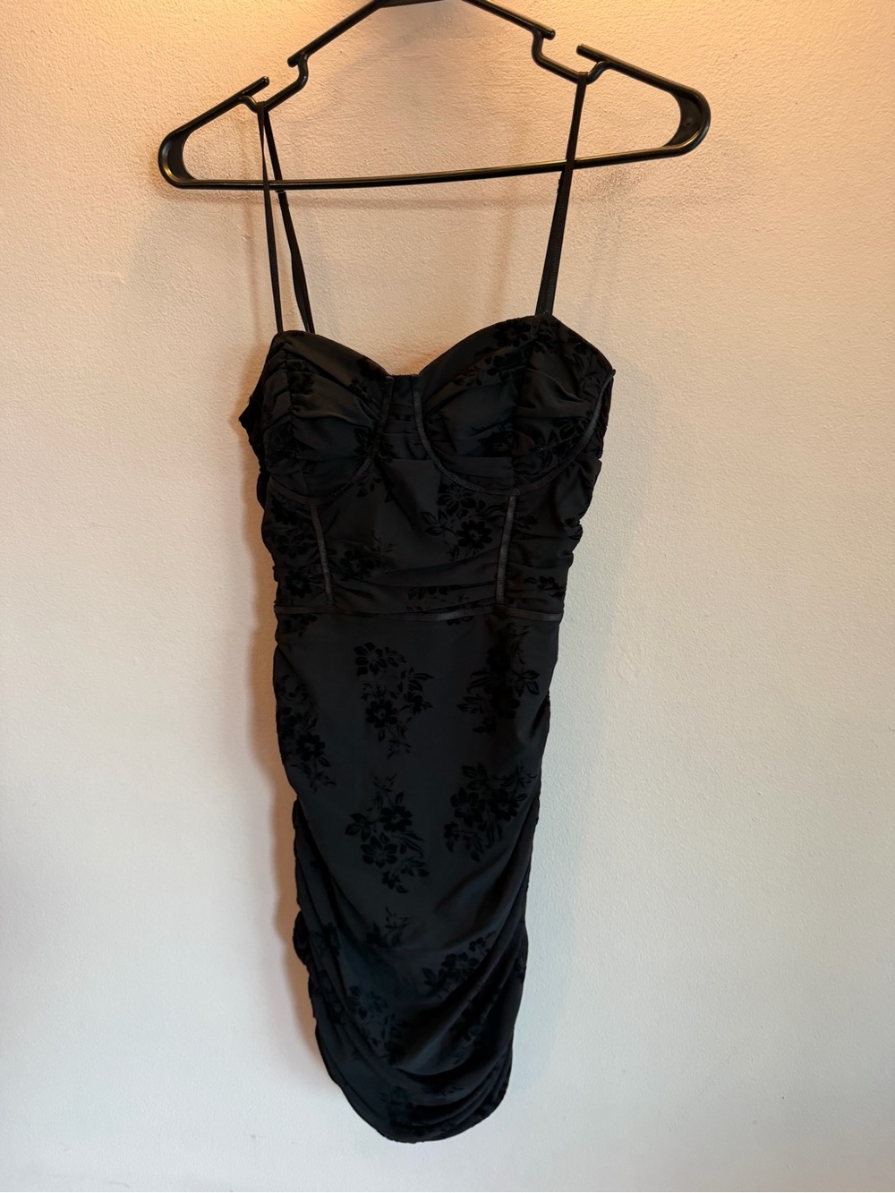 Privy Black Velvet Floral Burnout Mesh Ruched Corset Bodycon Dress Small